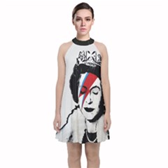 Banksy Graffiti Uk England God Save The Queen Elisabeth With David Bowie Rockband Face Makeup Ziggy Stardust Velvet Halter Neckline Dress  by snek