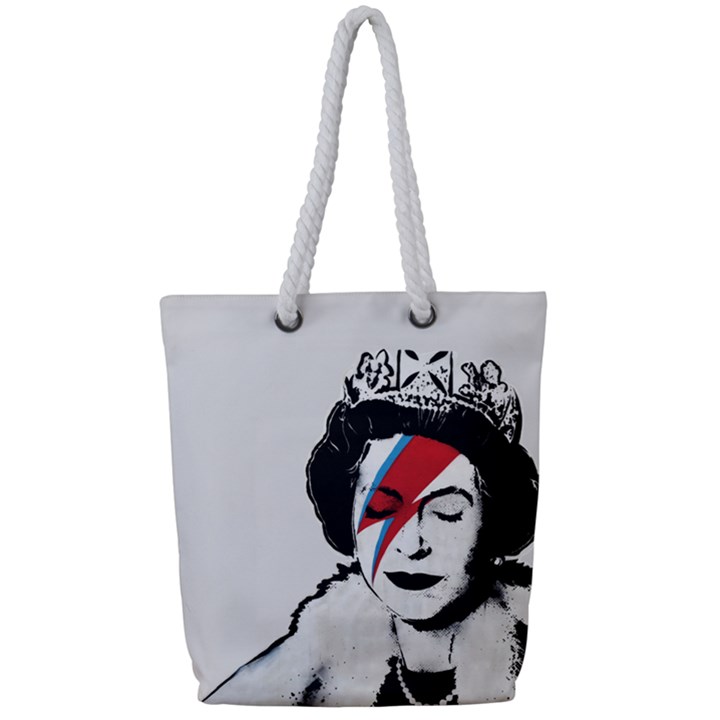 Banksy graffiti UK England God Save the Queen Elisabeth with David Bowie rockband face makeup Ziggy Stardust Full Print Rope Handle Tote (Small)