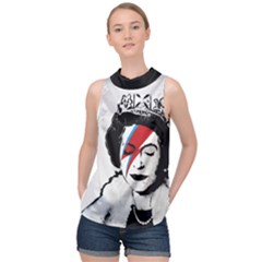 Banksy Graffiti Uk England God Save The Queen Elisabeth With David Bowie Rockband Face Makeup Ziggy Stardust High Neck Satin Top by snek