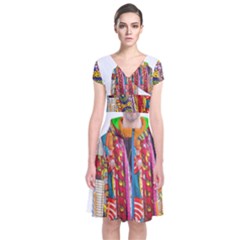 African Fabrics Fabrics Of Africa Front Fabrics Of Africa Back Short Sleeve Front Wrap Dress by dlmcguirt