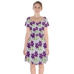 Purple Flower Short Sleeve Bardot Dress by HermanTelo