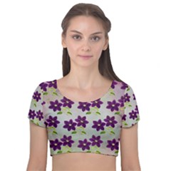 Purple Flower Velvet Short Sleeve Crop Top  by HermanTelo