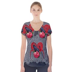 Wonderful Crow On A Heart Short Sleeve Front Detail Top