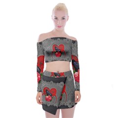 Wonderful Crow On A Heart Off Shoulder Top with Mini Skirt Set