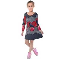 Wonderful Crow On A Heart Kids  Long Sleeve Velvet Dress