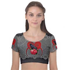 Wonderful Crow On A Heart Velvet Short Sleeve Crop Top 