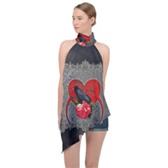 Wonderful Crow On A Heart Halter Asymmetric Satin Top