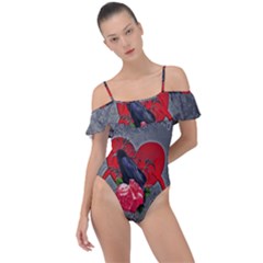 Wonderful Crow On A Heart Frill Detail One Piece Swimsuit