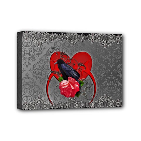 Wonderful Crow On A Heart Mini Canvas 7  x 5  (Stretched)