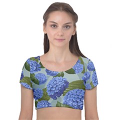 Hydrangea  Velvet Short Sleeve Crop Top  by Sobalvarro