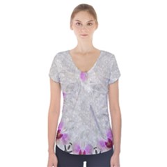 Orchidées Fleurs Abstrait Short Sleeve Front Detail Top