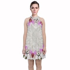 Orchidées Fleurs Abstrait Velvet Halter Neckline Dress 