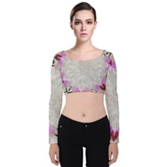 Orchidées Fleurs Abstrait Velvet Long Sleeve Crop Top