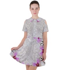 Orchidées Fleurs Abstrait Short Sleeve Shoulder Cut Out Dress 