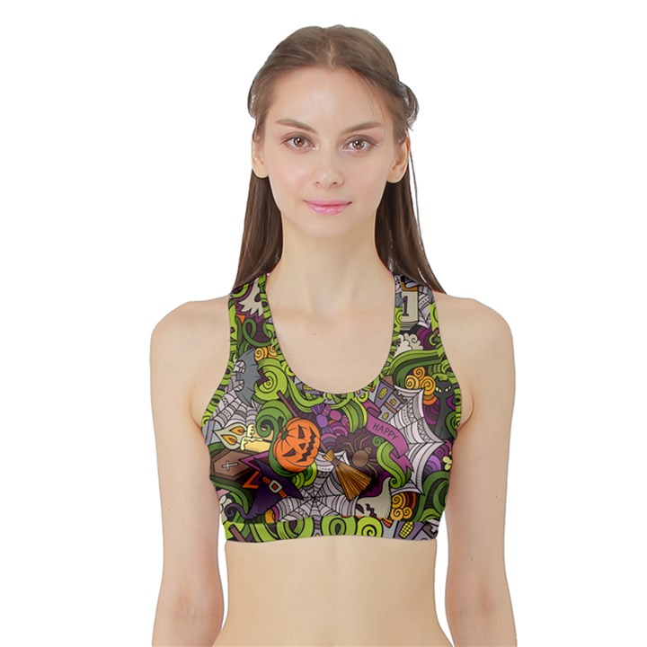 Halloween Doodle Vector Seamless Pattern Sports Bra with Border