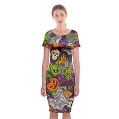 Halloween Doodle Vector Seamless Pattern Classic Short Sleeve Midi Dress by Sobalvarro