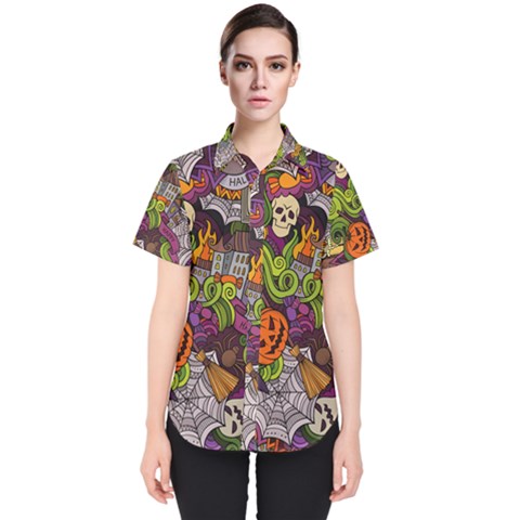 Halloween Doodle Vector Seamless Pattern Women s Short Sleeve Shirt by Sobalvarro