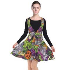 Halloween Doodle Vector Seamless Pattern Plunge Pinafore Dress by Sobalvarro