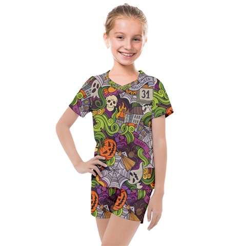 Halloween Doodle Vector Seamless Pattern Kids  Mesh Tee And Shorts Set by Sobalvarro