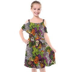 Halloween Doodle Vector Seamless Pattern Kids  Cut Out Shoulders Chiffon Dress by Sobalvarro