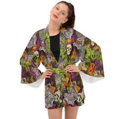 Halloween Doodle Vector Seamless Pattern Long Sleeve Kimono by Sobalvarro