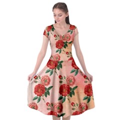 Pattern Flower Paper Cap Sleeve Wrap Front Dress