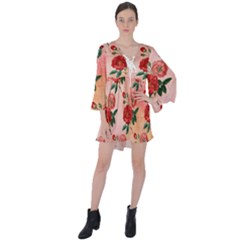 Pattern Flower Paper V-neck Flare Sleeve Mini Dress