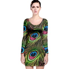 Peacock Feathers Color Plumage Long Sleeve Velvet Bodycon Dress by Celenk