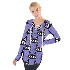 Cute Black Cat Pattern Tie Up Tee