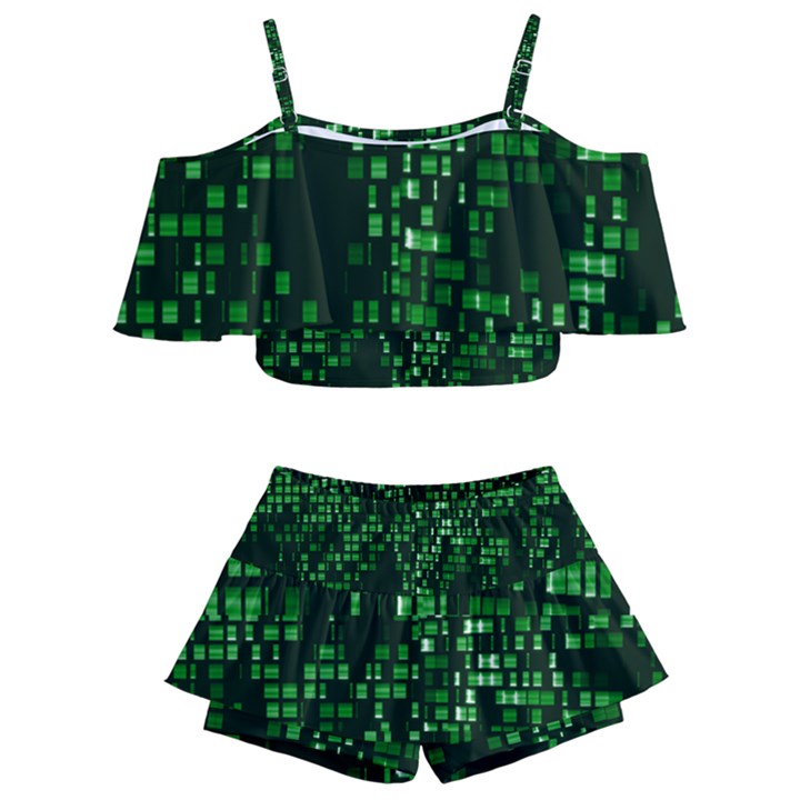 Abstract Plaid Green Kids  Off Shoulder Skirt Bikini