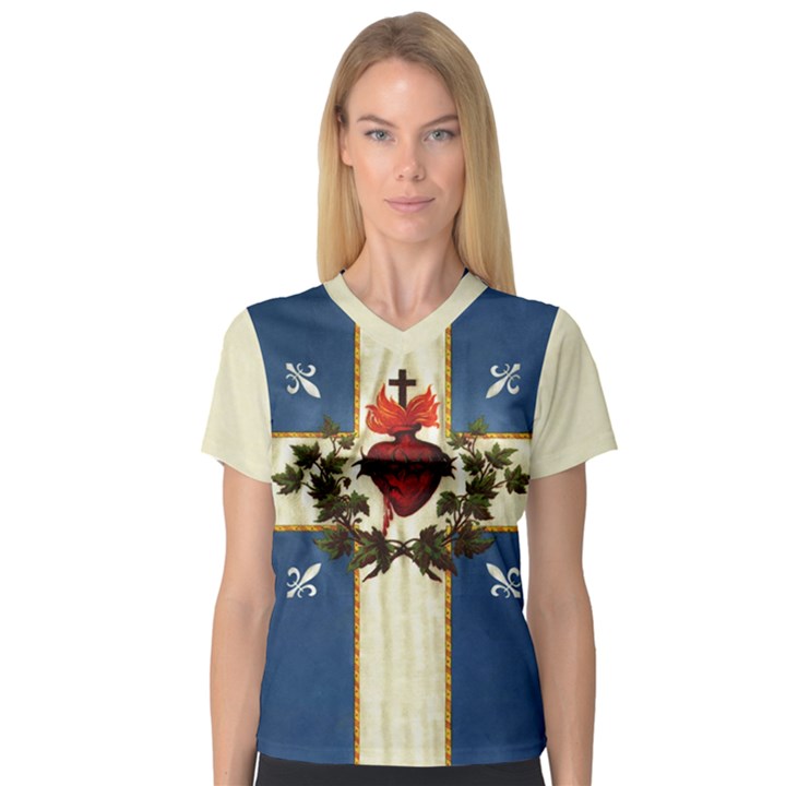 Quebec flag drapeau Québec Patriote Carillon Sacré-Coeur Christian Catholic old vintage with fleurs de lys V-Neck Sport Mesh Tee