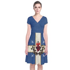 Quebec Flag Drapeau Québec Patriote Carillon Sacré-coeur Christian Catholic Old Vintage With Fleurs De Lys Short Sleeve Front Wrap Dress by Quebec