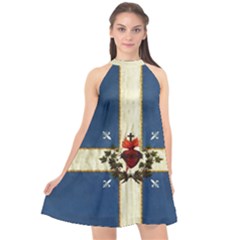 Quebec Flag Drapeau Québec Patriote Carillon Sacré-coeur Christian Catholic Old Vintage With Fleurs De Lys Halter Neckline Chiffon Dress  by Quebec