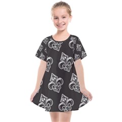 French France Fleur De Lys Metal Pattern Black And White Antique Vintage Black Rocker Kids  Smock Dress by Quebec