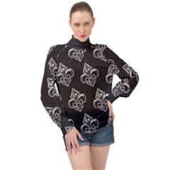 French France Fleur De Lys Metal Pattern black and white antique vintage black rocker High Neck Long Sleeve Chiffon Top