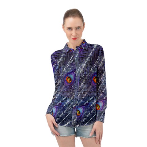 Peacock Feathers Color Plumage Blue Long Sleeve Chiffon Shirt by Sapixe