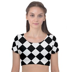 Grid Domino Bank And Black Velvet Short Sleeve Crop Top  by Sapixe