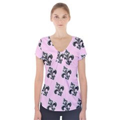 French France Fleur De Lys Metal Pattern black and white antique vintage pink and black rocker Short Sleeve Front Detail Top