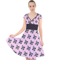 French France Fleur De Lys Metal Pattern Black And White Antique Vintage Pink And Black Rocker Cap Sleeve Front Wrap Midi Dress by Quebec