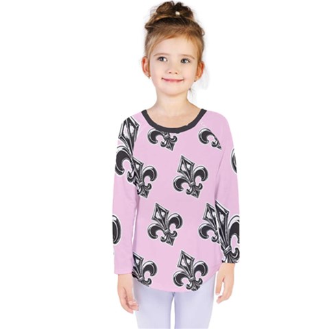 French France Fleur De Lys Metal Pattern Black And White Antique Vintage Pink And Black Rocker Kids  Long Sleeve Tee by Quebec