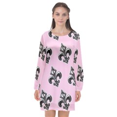 French France Fleur De Lys Metal Pattern Black And White Antique Vintage Pink And Black Rocker Long Sleeve Chiffon Shift Dress  by Quebec