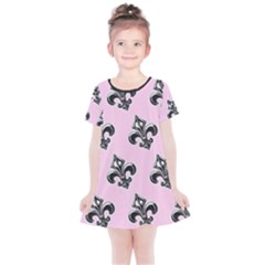 French France Fleur De Lys Metal Pattern Black And White Antique Vintage Pink And Black Rocker Kids  Simple Cotton Dress by Quebec