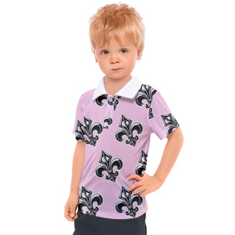 French France Fleur De Lys Metal Pattern Black And White Antique Vintage Pink And Black Rocker Kids  Polo Tee by Quebec