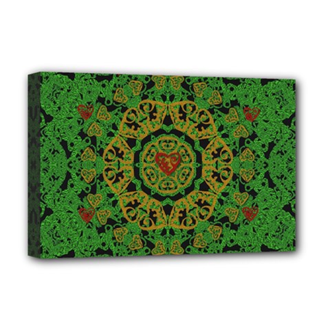 Love The Hearts  Mandala On Green Deluxe Canvas 18  X 12  (stretched) by pepitasart