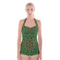 Love The Hearts  Mandala On Green Boyleg Halter Swimsuit  by pepitasart