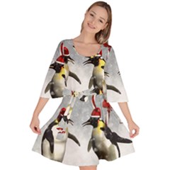 Funny Penguin In A Winter Landscape Velour Kimono Dress by FantasyWorld7
