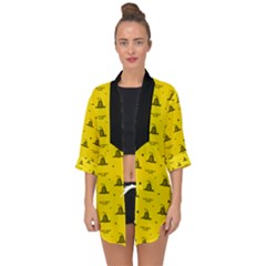 Gadsden Flag Don t Tread On Me Yellow And Black Pattern With American Stars Open Front Chiffon Kimono