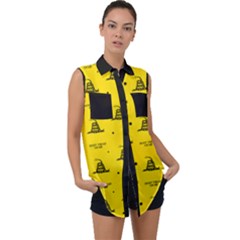Gadsden Flag Don t Tread On Me Yellow And Black Pattern With American Stars Sleeveless Chiffon Button Shirt