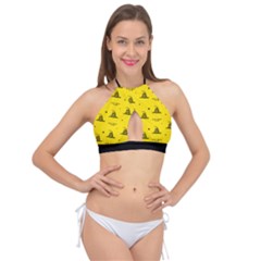 Gadsden Flag Don t Tread On Me Yellow And Black Pattern With American Stars Cross Front Halter Bikini Top