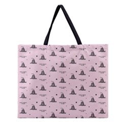 Gadsden Flag Don t Tread On Me Light Pink And Black Pattern With American Stars Zipper Large Tote Bag by snek
